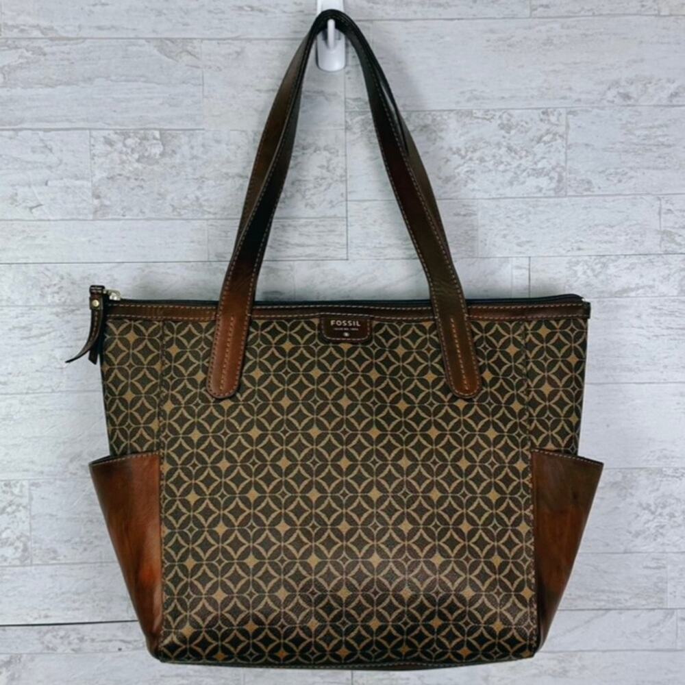 Fossil Mimi signature brown geometric faux leather shopper tote / shoulder bag